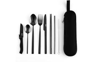 Couverts de Camping, hecef 9 Pièces Couverts de Table en Acier Inoxydable 18/0, Couverts de Voyage Réutilisables avec Organiseur pour le Travail, l'école, le Camping et les Voyages, Noir