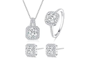 REQAG Silber Damen Schmuck Set, 925 Sterling Silber Halskette Ohrringe Ring Set, Schmuckset Halskette und Ohrringe Set mit 5A Zirkonia, Silber Luxus Hochzeit Schmuck Set, Geschenk zum Geburtstag