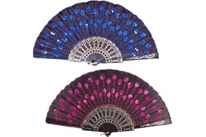 Morices 2 Pcs Sequin Folding Fans, Elegant Embroidered Flower Peacock Pattern Handheld Fan, Decorative Hand Fans for Dancing Wedding Party Favors Gift Wall Hanging Decoration (Dark Blue + Rose Red)