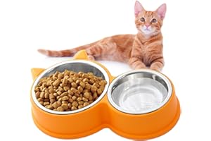 HUTVD Gamelle pour Chat, Gamelle Double pour Chat, Ensemble de Gamelles pour Chat en Acier Inoxydable, Gamelle Double pour Chat, Mangeoire et Abreuvoir pour Chiot（Jaune）