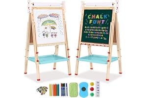 NUKDEY Kids Easel with Paper Roll Double-Sided Whiteboard Chalkboard Height Adjustable Standing Easel 68-114cm Wooden Art Easel with Numbers and Other Accessories Drawing Board for Boys and Girls (Bear)
