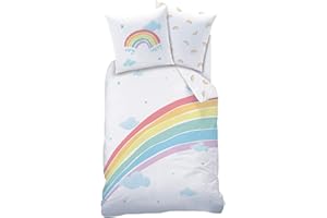 MTOnlinehandel Juego de ropa de cama para niña, diseño de arcoíris, diseño de arcoíris, nubes y estrellas, corazones, funda de almohada de 80 x 80 cm, funda nórdica de 135 x 200 cm, 100 algodón