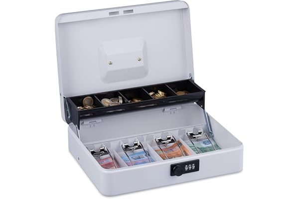 Relaxdays Caisse à Monnaie, Pratique, Combinaison à 3 Chiffres, pour Billets et pièces, verrouillable, Blanche