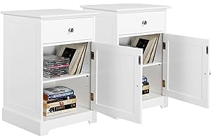Yaheetech Bedside Tables Set of 2 for Bedroom, Bedside Cabinets with Lid & Drawer, Modern Wood Nightstand Storage Unit with Adjustable Shelf for Living Room Small Spaces Hallway Office, White