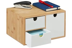 Relaxdays Schubladenbox, Bambus & MDF, Mini Kommode 3 Schubladen, HBT: 14,5x25x20 cm, Schreibtisch Organizer, Natur/weiß