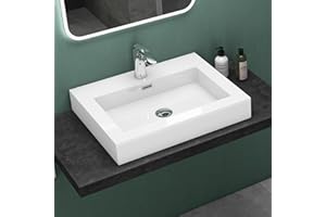 Mai & Mai Lavabo sobre Encimera Baño Lavabo | Rectangular | Blanco | Mármol Fundido | 60x48x12cm | con Rebosadero y Orificio para Grifo | Colossum18