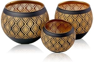 FLANACOM Juego de Candelabro Oriental - Portacandelitas Vasos de Cristal con Velitas - Pequeño Portavelas Noble con Adornos - Farolillos para Velas - Regalo de Decoración para Cumpleaños, Navidad (Oro-Negro)