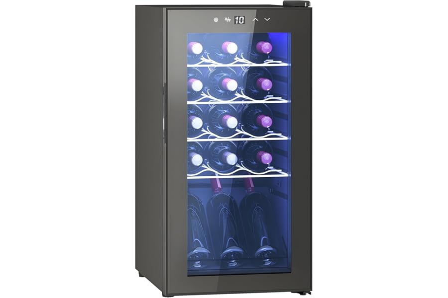 HOMCOM Refrigerated Wine Cellar, 15 Bottles, 44 L, Single Temperature Wine Cellar 5-18 ° C Wine Bar with Anti-UV Glass, Compressor, Adjustable Shelves, Touch Display, LED Lights, Class G, Black