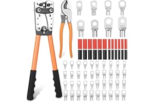 ZHUFAS Pince à sertir pour cosses de câble 16 mm² - Pince à cosses de câble 10-1/0 - Cosses de câble 16 mm ² - Pince à sertir 6/10/16/25/35/50 Mm² - Avec 120 pinces à anneau en cuivre et gaines