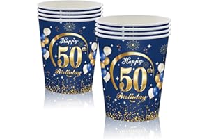 MORAINJAY 16 Pièces Gobelets en Papier pour Fête Anniversaire 50 ans,Bleu Or Papier Tasse pour Décoration Anniversaire 50 ans Homme Femme