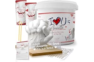 Lalfof® kit Moulage Main 3D avec NOM, Date et Socle en Bois - Idee Cadeau Couple Amoureux, Femme ou Mariage Original. Platre pour Moulage testé dermatologiquement.