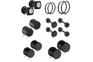 LAURITAMI 8 Paires Noir Boucles d'oreilles Homme Clous Faux Bouchons d'oreille Anneaux Segment Articulé Cerceau Rond Acier Inoxydable Piercing Bijoux CZ