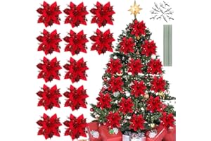 KLYNGTSK 12 PZ Fiori Albero Di Natale Rossi, Decorazioni Fiore di Natali Rosso Fiori Grandi per Albero di Natale Artificiali Fiori dell'albero di Natale Glitter Natale Poinsettia Fiore per Decorazioni