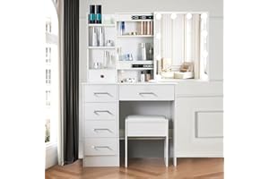TEOUSEV Dressing Table with Mirror and Stool, Vanity Desk set with 6 Drawers and Lights Adjustable Brightness, Modern Makeup Vanity Table with Storage Shelves, White