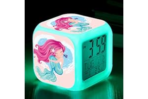 LANKOER Kids Alarm Clock, 7 Color Digital Wake Up Clocks with 8 Alarm Sounds, LED Night Light Clock with Date Calendar Temperature for Students Boys Girls (Little Mermaid)