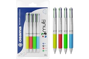 Osama - Stylo 4 Couleur, Set 4 Unités Assorties, Encre Bleu, Rouge, Vert et Noir - Stylo Bille 0.1 mm, Idéal pour Papeterie, Accessoire Bureau et Fourniture Scolaire - Stylo Couleur avec Trait Fluide