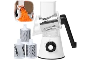 Pmueuff Râpe à Fromage à Manivelle, Mandoline de Cuisine Manuelle avec 3 Lames de Tambour e Base à Ventouse Solide Coupe Legumes Multifonctions Râpe de Cuisine pour Légumes, Carottes, Fromage