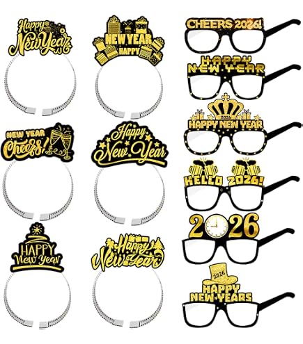 16 Occhiali Di Carta Happy New Year 2026, Accessori Photobooth Per Feste, Neri E Dorati, Motivi Divertenti, 15,5x13x14,3 Cm, Per Capodanno E Carnevali