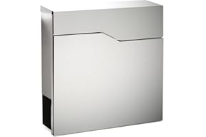 ‎WILTEC Wiltec Designer Briefkasten V19 Edelstahl 370 x 105 x 370 mm, Wandbriefkasten mit Schloss und Zeitungsrolle, Postkasten aus Stahl