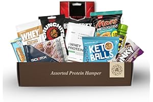 A AMOUSA Protein Hamper - This Protein Gift Set & Fitness Hamper includes 10x items. Gym Gifts for Men & Women. Mens Snacks Gift Set. Protein Gift Box.
