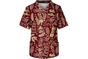 HKUOPW Christmas Scrubs Uniforms for Men Healthcare Casual Plus Size Uniforms Nurse Workwear Cute Elk Xmas Top with Pockets