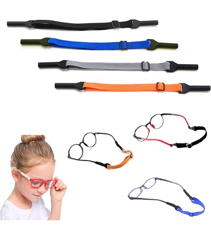 KECHIO Cinturino regolabile per occhiali da vista, confezione da 4, senza coda, supporto per occhiali intorno al collo, per uomini, donne, bambini, occhiali sportivi, cinturino nero (24,1-34,3 cm) 1