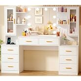 BEWISHOME Large Makeup Vanity with LED Light and Mirror, Sockets | Adjustable Brightness, Modern Makeup Table with 8 Drawers