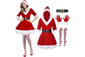 LOEPENLE Weihnachtsmann Kostüm Damen,Kostüm Weihnachtsmann,Premium Weihnachten Kleid Frauen Santa,Weihnachtsman mit Kapuze,Santa Claus Kostüme mit Kleid,Gürtel,Socken und Handschuhe