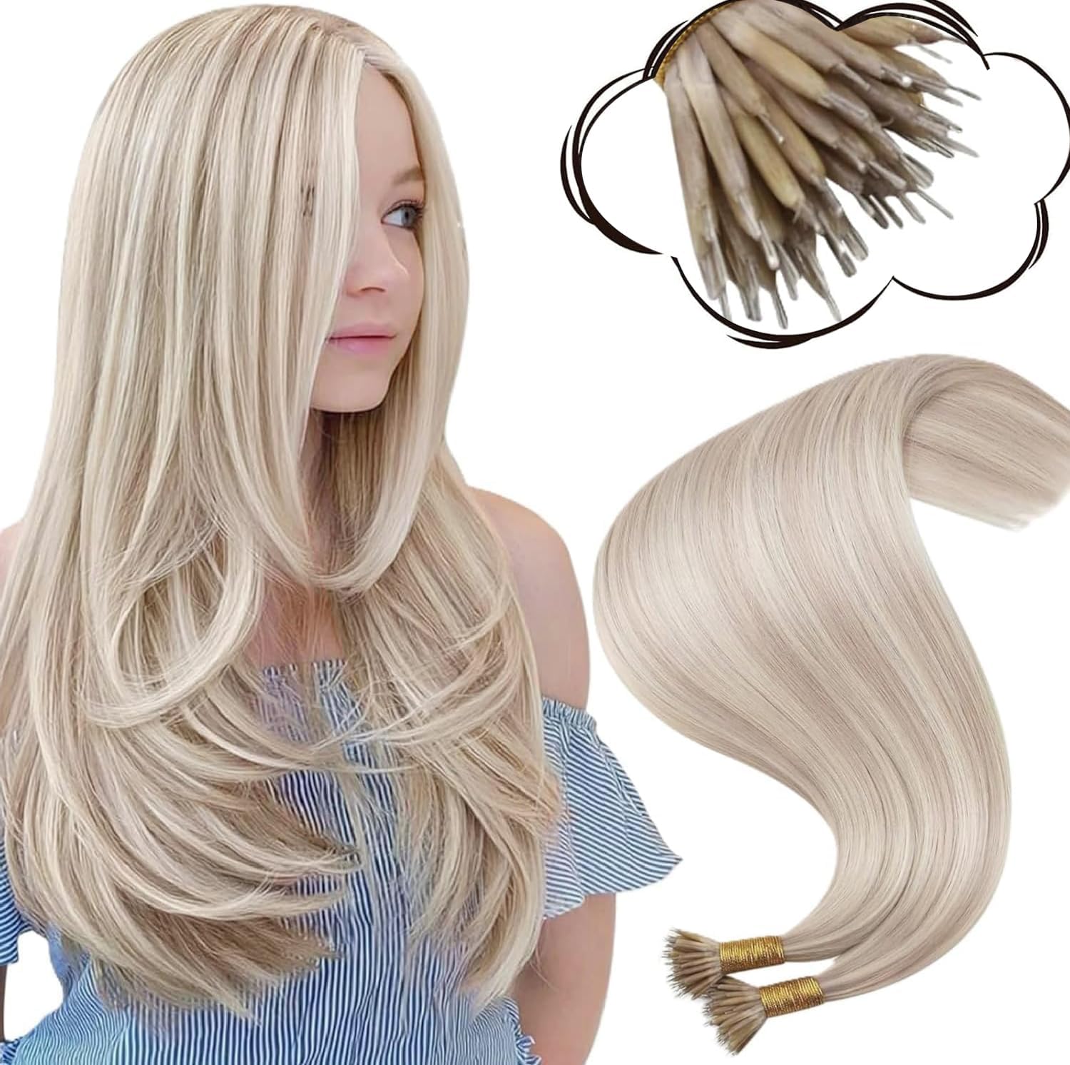 Moresoo Nano Hair Extensions 1g/s 50g/Pack Remy Hair Ash Blonde with Platinum Blonde Nano Ring Hair Extensions Real Human Hair 14 Inch #P18/613