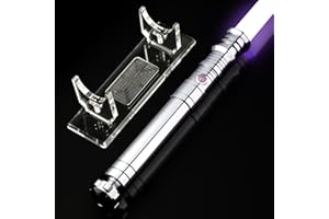 AthlChamp Sable de luz de Duelo Control de Movimiento para Adultos, con empuñadura metálica, Hoja de PC, 16 Fuentes de Sonido, 12 Colores RGB y Soporte acrílico - Plateado