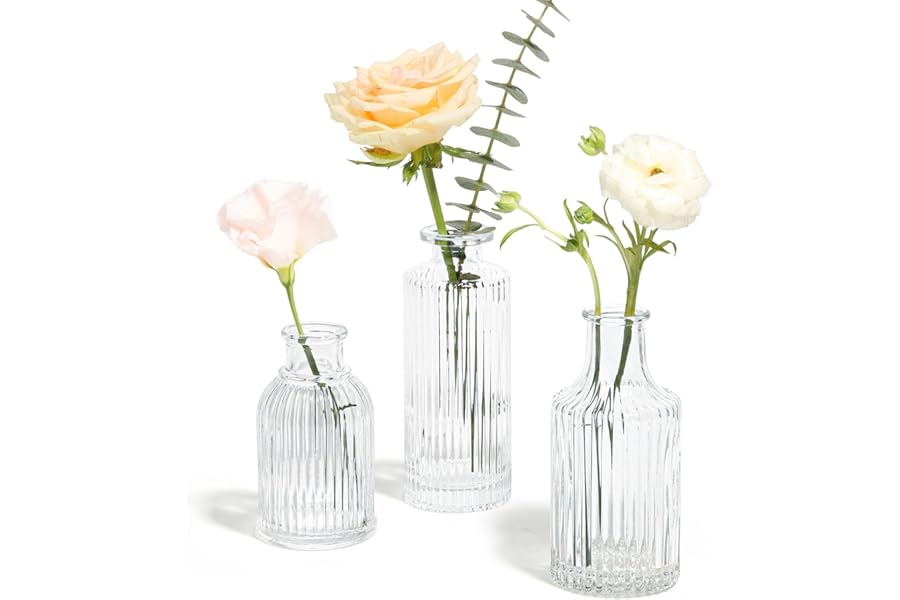 ComSaf Glass Bud Vases Set of 3, Small Flower Vases in Bulk, Mini Ribbed Vases for Centerpieces, Clear Vintage Vases for Table Decorations, Wedding, Party, Receptions, Home Decor (Different Sizes)