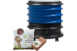 WORMbox | Lombricomposteur 3 Plateaux Bleu + 250gr de vers de Compost + 1 Bloc Coco | 48 litres | Compostez Vos déchets organiques, Les vers de Terre/lombrics produisent du lombricompost
