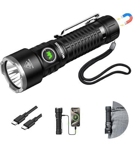 Wurkkos Lampe torche tactique LED rechargeable – TD01C Lampe torche tactique LED SFT40 haute puissance lumineuse 1800 lumens avec pilote régulé Buck IP68 1000 m plus longue portée USB C