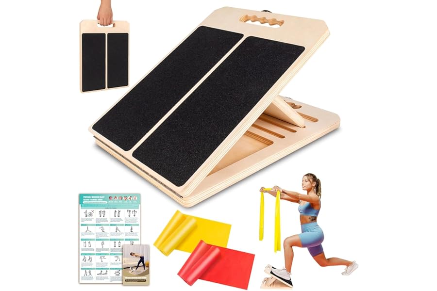 Slant Board, Adjustable Portable Wooden Stretch Mobility Board for Calf Stretcher with Training Poster & 2 TPE Bands, 300lb Weight Capacity Calf Stretch Wedge (Black)