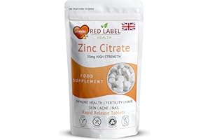 Red Label Health Zinc Citrate High Strength 50mg 365 Vegan Tablets 1 Year Supply High Absorption zinc Supplements for Men & Women Immune System, Fertility, Bones, Vision, Skin, and Nail