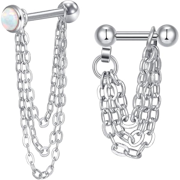 LAURITAMI 2x Boucles D’Oreilles Chaîne Double Cartilage/Tragus 16G – Acier Chirurgical, Look Dangle Élégant & Rebelle