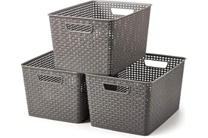 EZOWare 20L Grigio Multiuso Cesto Portaoggetti in Plastica, Scatola Portaoggetti, Contenitori Organizzatore Impilabili per Cucina, Bagno, Armadio - Set di 3 / Extra Grande