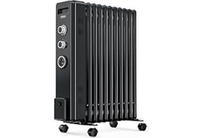 VonHaus Oil Filled Radiator 11 Fin – Oil Heater Portable Electric Free Standing 2500W for Home, Office, Any Room – 24 hour Timer, Adjustable Thermostat, 3 Heat Settings, 4x Wheels, 1.5m Power Cable