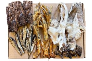 THE PRIME PAW CLUB Natural Dog Treat Box Including 30 Natural Dog Chews and Treats. Hairy Rabbit Ears, Dried Sprats, Puffed Beef Jerky, Chicken Feet, Wings & Hearts. Suitable for Small, Medium and Large Adult Dogs.