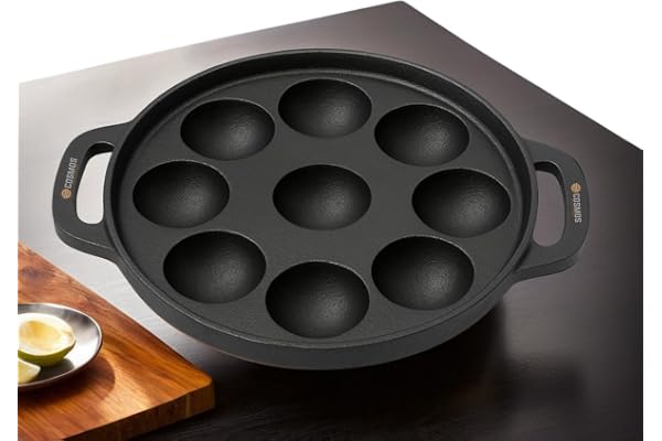 E-COSMOS Pre Seasoned Cast Iron 9 Cavity Appam Patra, Paniyaram Pan Iron, Appam Pan, Pan Cake, Paddu, Appam Maker, Ponganal Maker, Appe and Litti Maker with 2 Side Handle, 23cm, Black (9 Cavity)