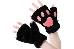 Telooco Felpa Guantes de Pata de Gato Negro Guantes de Medio Dedo para Mujer Lindos Guantes Sin Dedos Patas Peludas Accesorios de Disfraces para Halloween Navidad Carnaval (Negro)