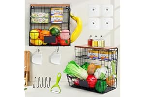 Wuciray 2PCS Porta Frutta da Parete Cesti per Frutta da Appendere Porta frutta da Parete con Coperchio in Legno con 5 Ganci Cesto Impilabile per Conservare Verdure Frutta Snack