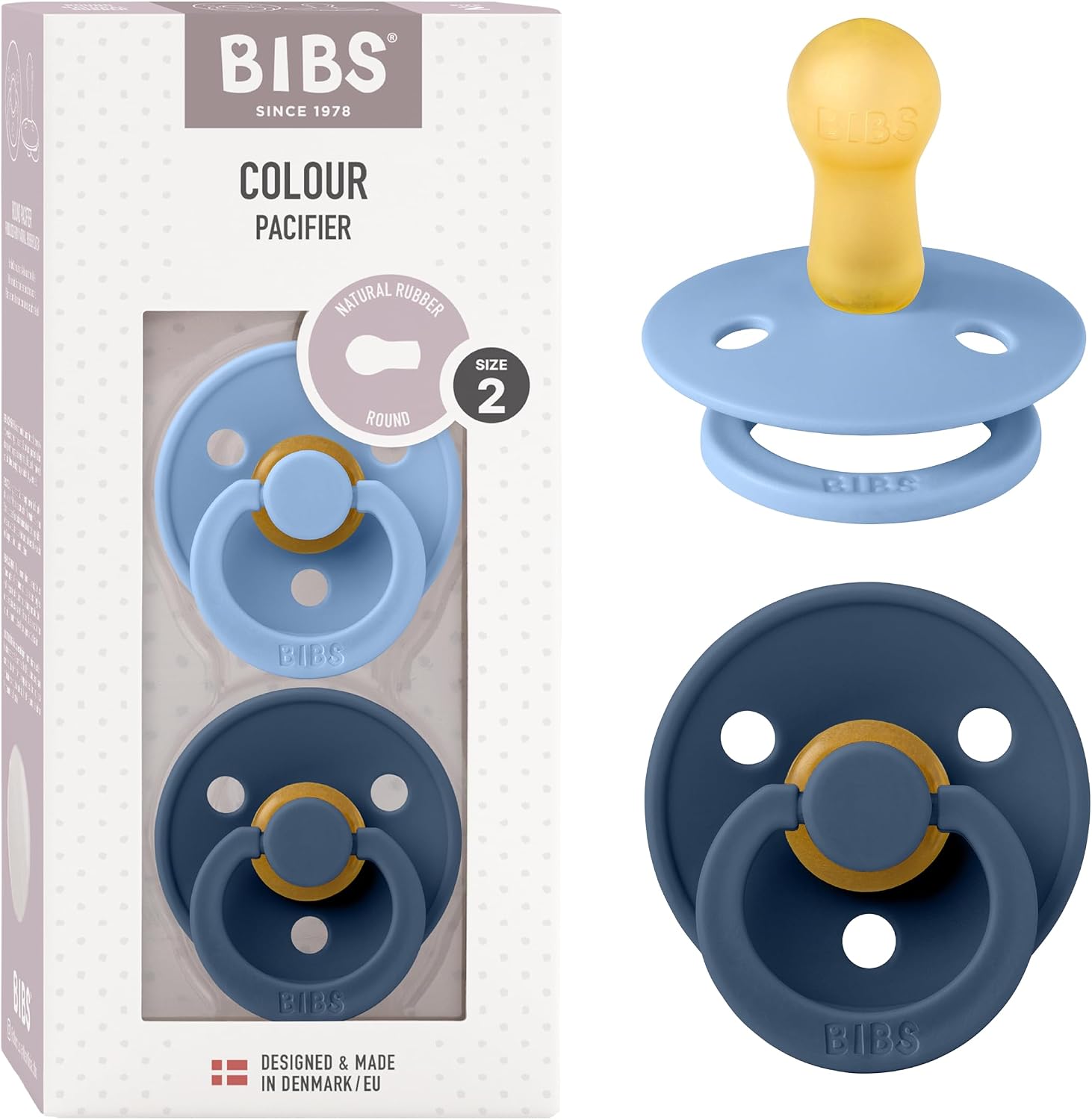 BIBS Colour Soother 2-Pack, BPA Free Dummy Pacifier, Round Nipple. Natural Rubber Latex, Size 2 (6-18 Months), Sky Blue/Steel Blue