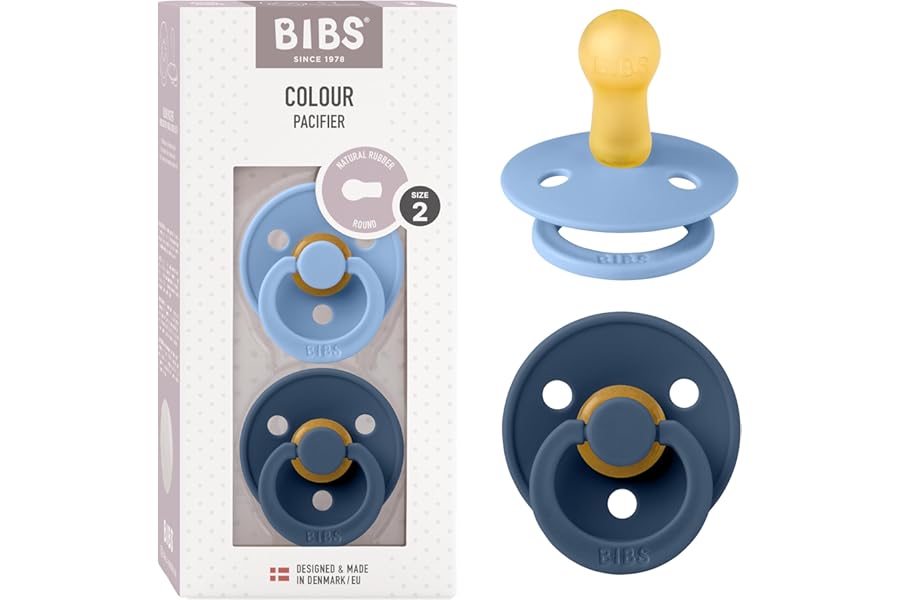 BIBS Colour Soother 2-Pack, BPA Free Dummy Pacifier, Round Nipple. Natural Rubber Latex, Size 2 (6-18 Months), Sky Blue/Steel Blue