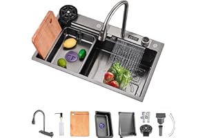 AIPUNLUS Fregadero Cocina Negro Multifuncional, Fregadero Cocina en Acero Inoxidable, Fregadero Bajo o Sobre Encimera Con grifo extraíble/dispensador de jabón/flujo de agua en cascada (A, 80x45cm)