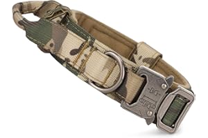HUNTVP Collare Tattico per Cani Regolabile con Maniglia di Comando, Collare Militare in Nylon con Fibbia in Metallo per Cani di Taglia Media e Grande, Addestramento, alla Caccia, All'aperto, Camo-XL