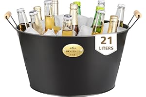 iHoo Getränkewannen für Partys, Zinkwanne groß mit Holzgriffen, Schwarz Verzinkte Wanne, Ideale Partywannen für Getränke 21l 1stück