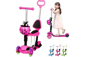 GURYON 5 in 1 Kids Scooter, 3 Wheels Kick Scooter with LED Flashing Light, Adjustable Removable Handlebar & Seat & Push Handle for 2-8 Years Old Boys and Girls