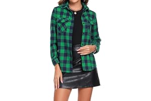 Aottori Damska koszula w kratę damska z długim rękawem zapinana na guziki na co dzień flanelowe koszule w kratę podstawowa luźna bluzka top w kratkę, ZIELONY, L