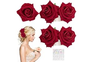 WEDNOK 3Pcs Rose Pince à Cheveux Fleurs Rouge Epingle à Rose Pince À Cheveux de Mariage Rose Rouge avec Autocollant Strass Mariage Nuptiale Danseur Flamenco Soirée Carnaval